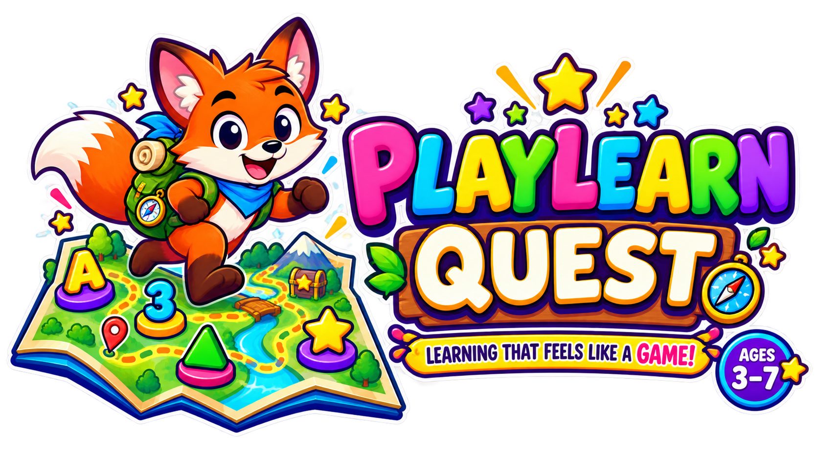 Wizard fox character jumping through a colorful learning world with a giant letter A
